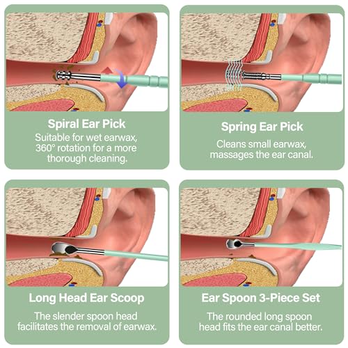 15 Pack Ear Wax Removal Tool Kit with Light - LED Ear Cleaning Kit, Ear Wax Removal for Kids and Adults, Ear Cleaning Tool, Ear Picker Spoon & Ear Tweezers & Spiral Spring Ear Spoon Green - color: Green