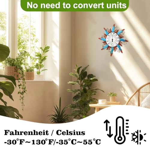 Sun Outdoor Thermometer Waterproof Wall Thermometer for Patio Garden Yard | Equipped with a Hygrometer, No Batteries Required, Dual-Scale Dial with Big Numbers, 13 Inch, Ideal Indoor & Outdoor Decor