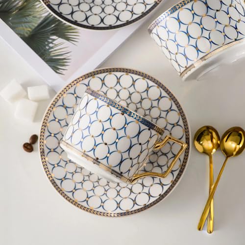 CwlwGO-European style cup and saucer set, 7 oz (about 198.4 grams) bone china exquisite glazed platinum tea cup and saucer (two sets), golden spoon, mug, cappuccino, latte, MOCHA, elegant female suit. - color: 2 pack