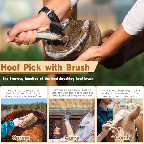Abbylike 12 Pieces Horse Grooming Kit Racing Festival Tack Room Supplies Horse Brush Sets Equine Care Cleaning Kit Shedding Grooming Massaging Tools(Khaki) - color: Khaki