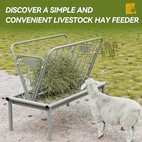 Kojem 4 Ft Long Livestock Feeder, Heavy Duty Steel Livestock 2 in 1 Grain & | Hay Feeder, Outdoor Pasture Feeder with Feeding Pan for Goats, Sheep,Ponies, Cow, Horse for Farms, All Weather Feeder