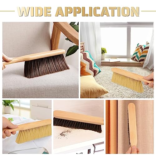 2 Pieces Woooden Dust Brush Hand Broom Bench Brush with Long Wood Handle Whisk Broom Soft Bristle Brush for Counter Bed Sofa Car Fireplace Clothes Household Cleaning - color: Brown, Khaki