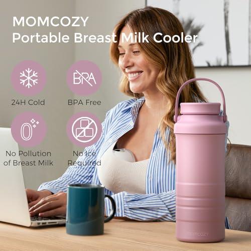 Momcozy 22oz Portable Breastmilk Cooler for 24H Outdoor, Newborn Essentials | 24 Hours & 360° Surrounded Cooling, 2 Extra Baby Bottles for Better Storage, Life Saver for Working Mom, Hassle-Free Cleaning - color: Pink