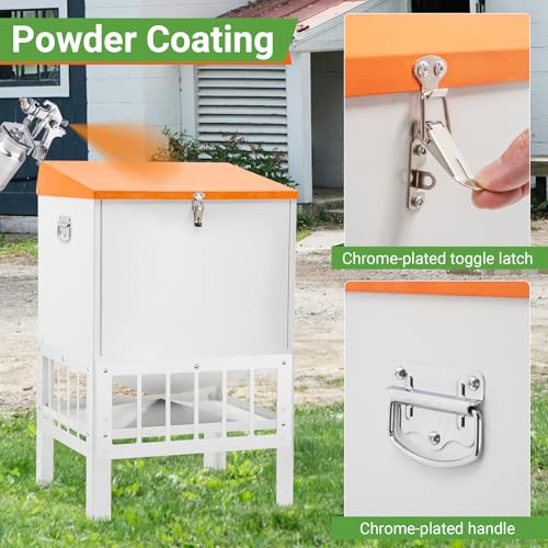 Chicken Feeder with Grille, 85LBS No Waste Chicken Feeder with 22 Ports, Powder-Coated Steel Feeder w/Waterproof Lid and Stainless Handles, 18”L x 15.1”W x 29.5”H