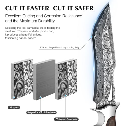 Real Damascus Hunting Knife, 10.4" VG10 Bowie Leather Sheath | 67-layer forged craftsmanship with authentic rosewood grip and durable cowhide exterior cover for outdoor camping tasks - style: Damascus Steel-1