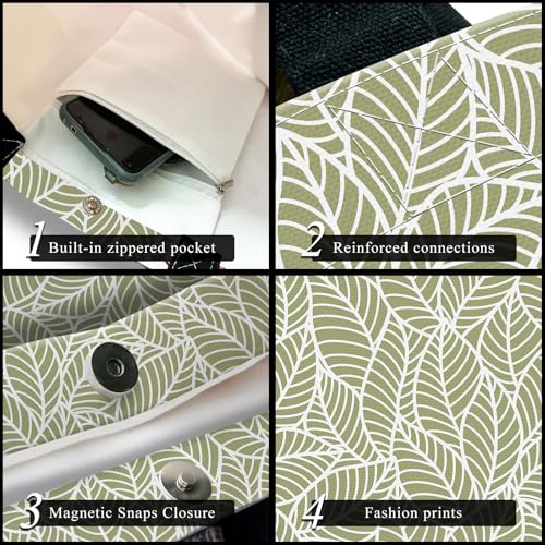 Canvas Tote Bag for Women，Cute Heavy-Duty Shoulder Bag with Zipper Pocket -Travel Tote for Grocery, Gym,Shopping - color: Green Leaves