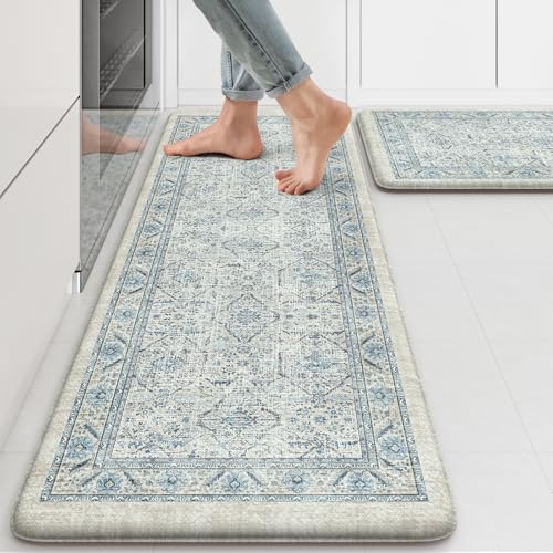 KIMODE Anti Fatigue Kitchen Mats for Floor, Vintage Kitchen Rugs Sets of 2 | Cushioned Kitchen Floor Mats Non Slip, Comfort Boho Rugs for kitchen floor, Sink, Laundry, Desk Blue 17"x47"+17"x29" - color: Blue, size: 17.3" x 47"+17.3" x 29"--0.47 inches