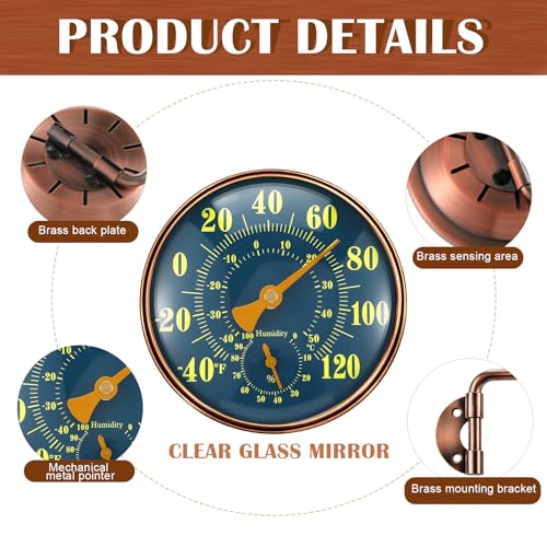 Sabary 4 Inch Outdoor Thermometer and Humidity Gauge 2 in 1 Window Thermometer for Outdoor Temperature and Humidity Monitor, Brass Analog Dial, Battery-Free for Patio Garage Garden Greenhouse Wall