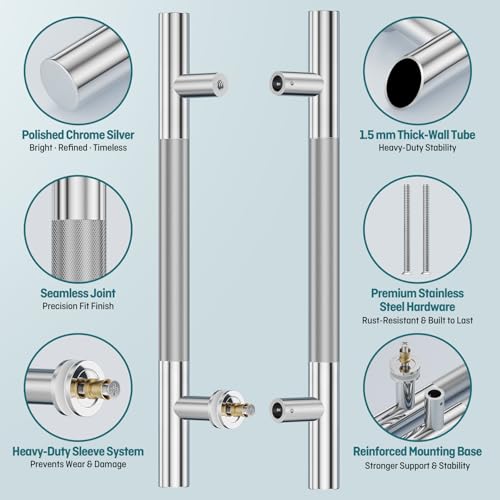 Ranbo 18" Knurled Door Pull Handle, 12" (305mm) CTC, Polished Chrome | Heavy Duty 1.5mm 304 Stainless Steel, Back to Back Pull Handles for Interior, Shower, Barn, Commercial Doors, Enhanced Grip - size: 18 Inch
