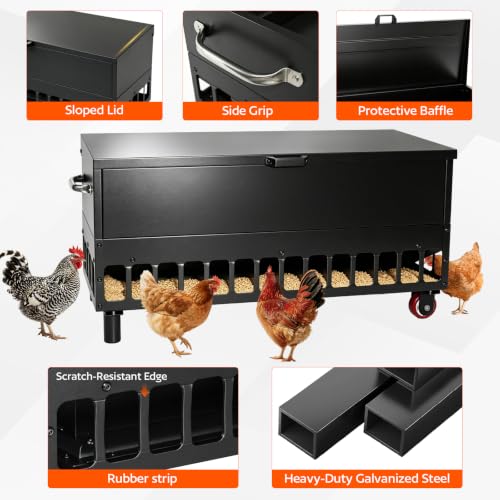 120LBS Heavy-Duty Galvanized Automatic No-Waste Chicken Feeder | 38 Ports Grille Gravity Feed Saving Design with Weather Resistant Lid & Side Wheels, Suitable for Hens, Ducks & Geese