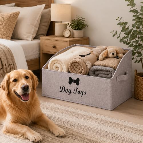 Foldable Fabric Trapezoid Organizer Boxes - Collapsible Dog Toy Basket (Light Brown-DOG) - color: Light Brown, size: Large - Dog Toys