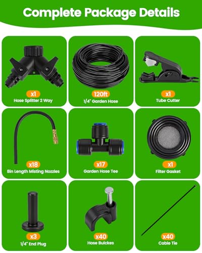 120FT Drip Irrigation System for Garden with 18 Nozzles –360° Adjustable Misting Nozzles, Quick-Connect Design, Ideal for Raised Beds, Lawns, Greenhouses & Outdoor Cooling - size: 120FT
