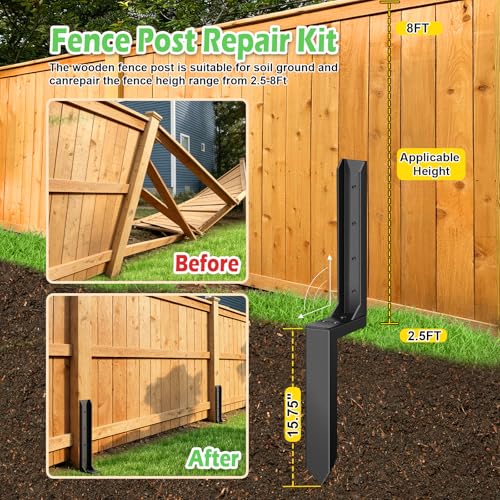 8 Pcs Fence Post Repair, Heavy Duty Fence Post Kit Anchor Ground Stakes for Repairing Tilted, Broken Wood Support