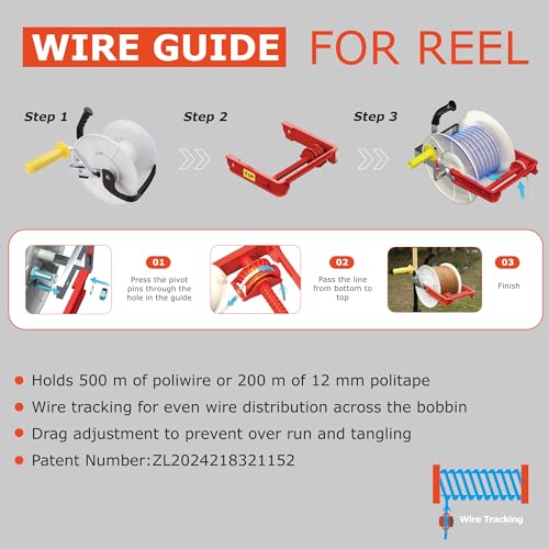 3:1 Geared Reel Prewound Polywire, Electric Fence Wire Reel, with Auxiliary Winding Handle, Plus 1 Free 8 inch Insulgrip, Suitable for Building Farm Electric Fences - size: 1640 ft x 1 standard reel x 1 guide x 1 Handle