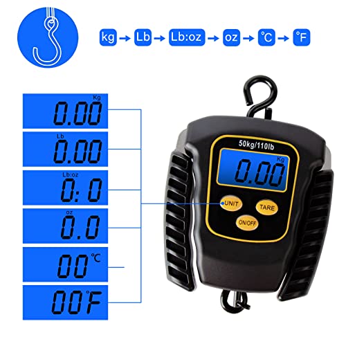 Fish Scale 110lbs/50kg Waterproof Hanging Fishing Portable Weight Scale | Strong Hook Scale, Back-lit LCD Display, Digital Spring Balance, Folding Handles, Luggage Weighing, Fishing Gift for Men