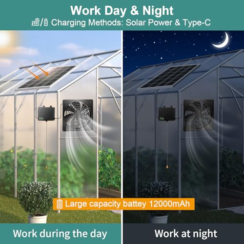 7.1“Solar Powered Fan for Chicken Coop with Pull String, Runs Day and Night | 12000mAh Battery , Timer 4/8H,USB-C & Solar Dual Power, Waterproof Exhaust Fan for Shed Greenhouse Doghouse