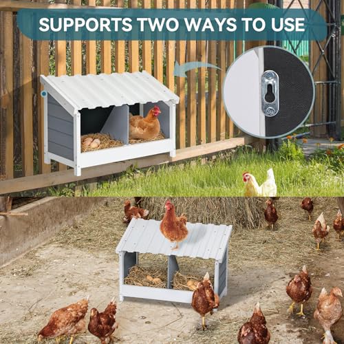 PETSFIT 2 Holes Chicken Nesting Box, PVC Waterproof Roof, Privacy Cover | Wall Mounted or Floor Use, Natural Fir Wood, Easy to Assemble and Clean, For Backyard Coops and Farms, Fits Standard Hens - size: 2 Holes