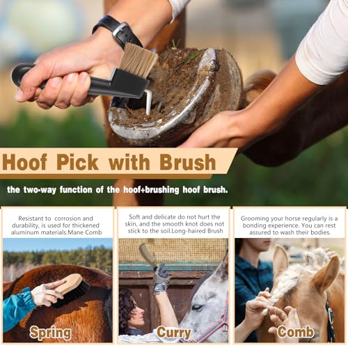 Abbylike 12 Pieces Horse Grooming Kit Racing Festival Tack Room Supplies Horse Brush Sets Equine Care Cleaning Kit Shedding Grooming Massaging Tools(Dark Gray) - color: Dark Gray