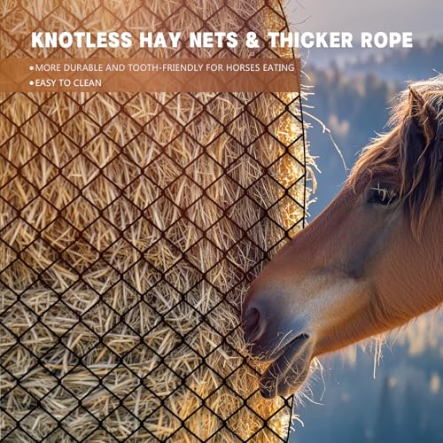 Large Round Bale Hay Net for Horses, 5x5 ft Hay Nets for Horses Slow Feed Knotless, Slow Feeder Hay nets for Horses, Fits Round Bales 4x4ft and 5x5ft, Square Bales 3x3x8ft and 4x4x8ft - size: 5x5 Ft