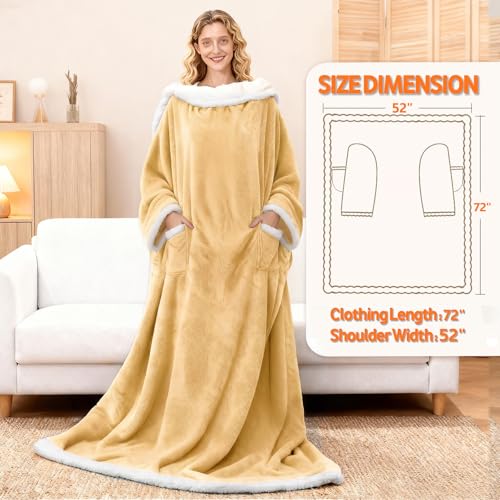 Wearable Heated Blanket With Sleeves & Foot Pocket, Heated Throw Blankets Fast Heating Blanket With 10 Heat Settings Auto Shut Off Over-Heat Protection-Warm Gift, Machine Washable, 52”*72”+18” - color: Khaki