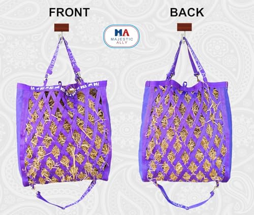 Majestic Ally Double Side Open Slow Feeder Hay Bag - Diamond Shaped Obliquely Placed Webbing (Purple) - color: Purple