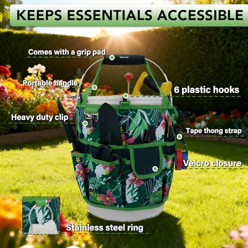 KUNN Bucket Tool Organizer 5 Gallon 18-Pocket Gardening Tool Bag with Hangable Handle | Garden Caddy & Bucket Accessory, Green - color: Green Leaf