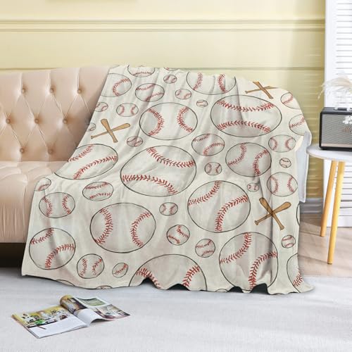 Baseball Sport Fleece Blanket,40x50in,Red Stitched Ball Wooden Bat Cream Throw Blankets,Soft Cozy Lightweight, Ideal for Bed Living Room Home Game Day Decor,Adult Gifts - color: Baseball, size: 40x50 Inch