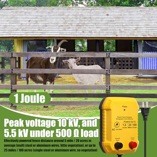 Electric Fence Charger Kit 1J 25 Mile 250ft Wire 50 Insulators | For Chickens Poultry Containment, 110VAC, Plug in Energizer with Aluminum Wire, Garden Pond Protection Setup - style: 1 Joule