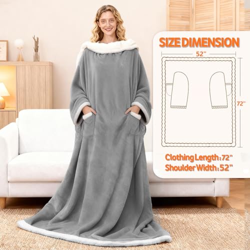 Wearable Heated Blanket With Sleeves & Foot Pocket, Heated Throw Blankets Fast Heating Blanket With 10 Heat Settings Auto Shut Off Over-Heat Protection-Warm Gift, Machine Washable, 52”*72”+18” - color: Pale Gray