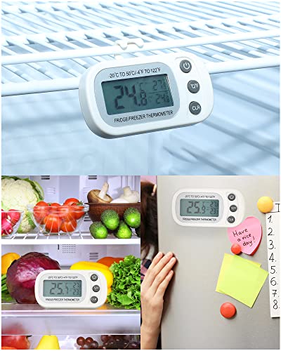 Frienda 4 Pcs White Digital Fridge Thermometer Waterproof Refrigerator and Freezer Max/min Record Function LCD Screen Refrigerator Thermometer with Hook and Magnetic Back for Home (Button) - color: White, size: Button