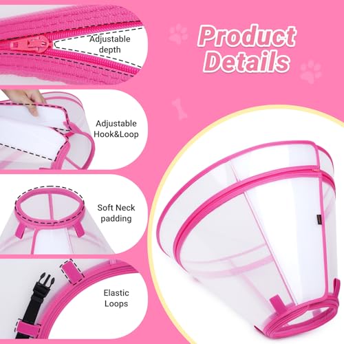 Dog Cone to Stop Licking, Clear Recovery Collar with Detachable Zipper, Sturdy Elizabethan Collar for Large Medium Small Dogs, Soft Adjustable Cone After Surgery Patented, Hot Pink S - color: Hot Pink, size: S(Neck: 10"-11.75")