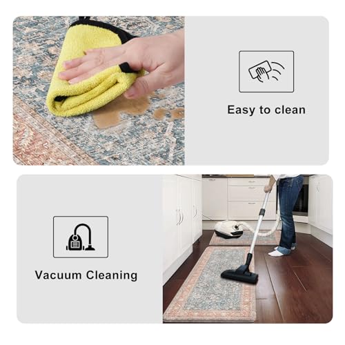KIMODE Anti Fatigue Kitchen Mat,Farmhouse Kitchen Rug Sets of 2 Orange Blue | Non Slip Waterproof Vintage Kitchen Floor Mats,Cushioned Comfort Standing Mat for Sink,Desk,Laundry,Office,Apartment - color: Orange/Blue, size: 17.3" x 47"+17.3" x 29"--0.47 in