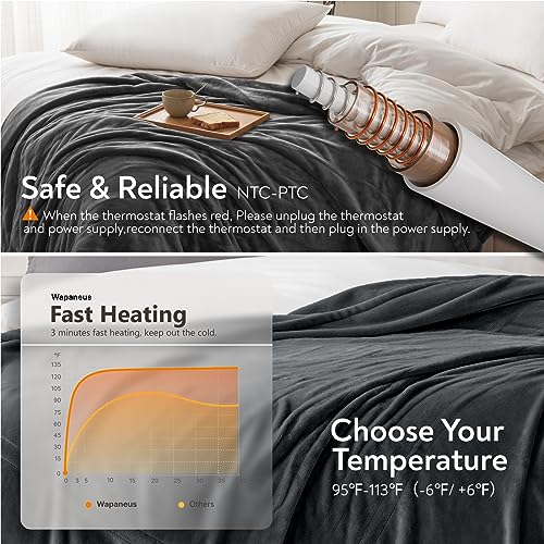 Wapaneus Foot Pocket Heated Blanket Electric Throw with 10 Heating Levels and Auto Shut Off, Flannel Fast-Heating Heated Throw 50" x 60", Machine Washable, Dark Grey - color: Grey, size: 50*60in