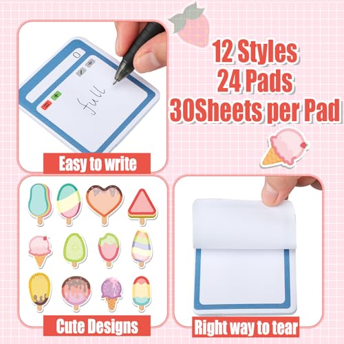 Yinder 24 Pads Ice Cream Sticky Notes Cute Kawaii Cartoon Self Adhesive | Bulk Memo Pads for Back to School Gift, Office Veterinary Supplies, Party Favors, Colorful Heart Triangle Shapes - style: Ice Cream