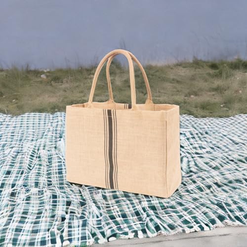 KAF Home Jute Market Tote Bag with Handles, Triple Stripe - color: Triple Stripe