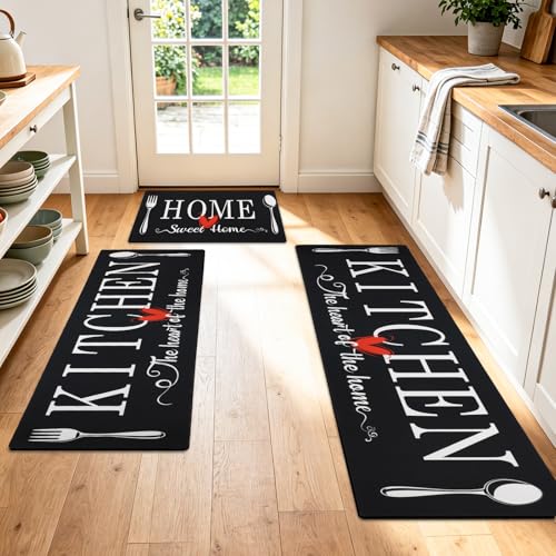Kitchen Rugs Set 3 Piece, Non Slip Black Kitchen Mats for Floor, Soft Fabric with Rubber Backing, Farmhouse Anti Fatigue Runners Carpet for Home Kitchen Laundry Room Hallway (Black) - color: Black