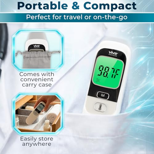 Vive No-Touch Forehead Thermometer - No Contact Infrared Digital | Thermometer for Adults, Kids, Babies, & Objects - Touchless, Accurate Temporal Fever Sensor - Fast, Memory Recall, Large