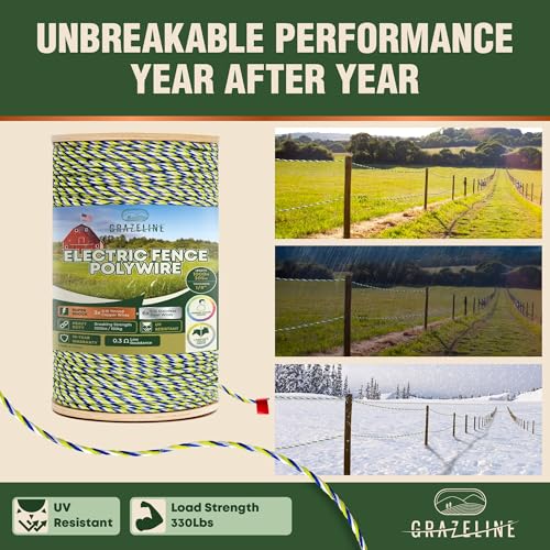 Electric Fence Polywire 9-Strands 1/8” 1000ft - Hot Wire 0.3 Ohm Resistance | 330lb Strength Tinned Copper & Stainless Steel - Suitable for Horses Livestock Rotational Grazing & Pasture Electric Fencing - size: 1000 ft