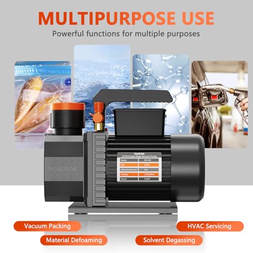 5CFM Vacuum Pump, 1-Stage HVAC Vacuum Pump | 1/2HP 38 Micron 110V Air Conditioning Kit for R12 R22 R134a R410a, HVAC/AUTO AC Refrigerant Recharging, Oil Included