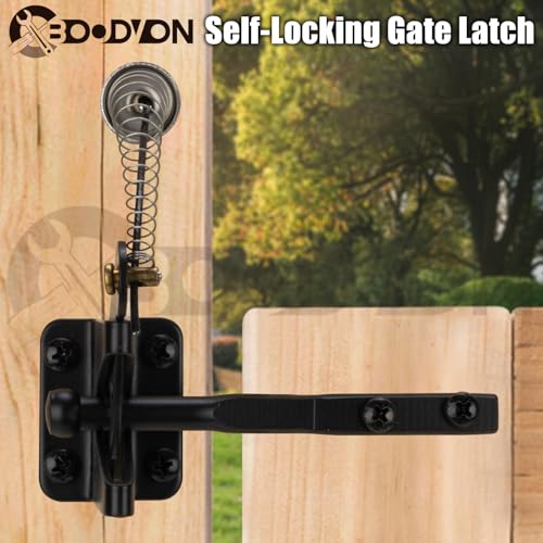 Self Locking Gate Latch with Spring Cable Pull for Wooden Fence Heavy Duty, Gravity Lever Fence Gate Latches for Outdoor Secure Pool Garden Shed, Black Finish, 1 Pack