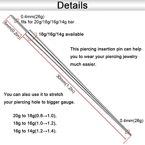 14g/16g/18g/20g ASTM F136 Titanium Piercing Kit Taper Insertion Pin | for Threadless Push In Tragus Helix Lip Nose Helix Piercing Jewelry Cartilage Earrings Labret Studs Nose Stud Stretcher - color: 2 Tapers for 18g(1.0mm) Threadless Bar