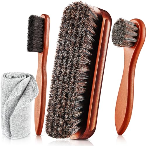 4 Pcs Horsehair Shoe Brush Kit Polishing Daubers Applicators Leather Care Brushes Shine Cleaning Cloth with Cloth(Shoe Brush Set D) - style: Shoe Brush Set D