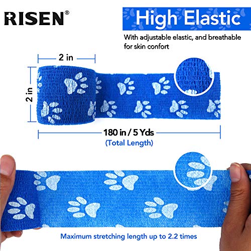 RISEN Cohesive Bandage 2” x 5 Yards, 6 Rolls, Self Adherent Wrap Medical Tape, Adhesive Flexible Breathable First Aid Gauze Ideal for Stretch Athletic - color: Blue Paw