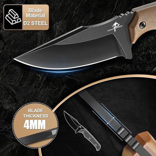 Purple Dragon Fixed Blade Knife - Full Tang Hunting Knife Brown | Kydex Sheath, Forged from a Single Piece of D2 Steel, G10 Handle, Gift Box - size: 3.1 inch
