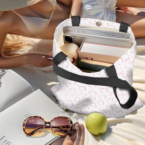 Canvas Tote Bag for Women，Cute Heavy-Duty Shoulder Bag with Zipper Pocket -Travel Tote for Grocery, Gym,Shopping - color: Cute Pink Bows