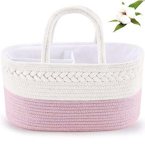 ABenkle Diaper Caddy Organizer, Rope Woven Storage Baske, Pink | Cotton Rope, Nursery Storage Basket for car & changing table | holds diapers, wipes & baby essentials | durable - color: Pink, size: Large