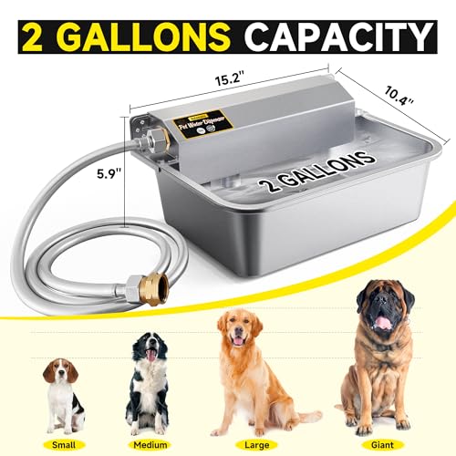 Automatic Water Dispenser for Dogs, 2 Gallon 304 Stainless Steel Large Dog Water Bowl Dispenser for Indoor/Outdoor, Pets & Livestock Self-Filling Waterer, Fits GHT 3/4" Faucet, Easy to Clean