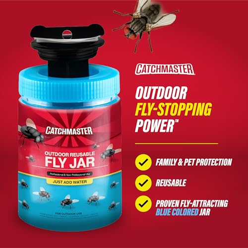 Catchmaster Reusable Outdoor Fly Trap, 6 Hanging Blue Jars with Bait | Catches All Species of Fly, Fly Traps Outdoor w/ Food-based lure, Odor Attracts Flies Away From People, Refill & Reuse