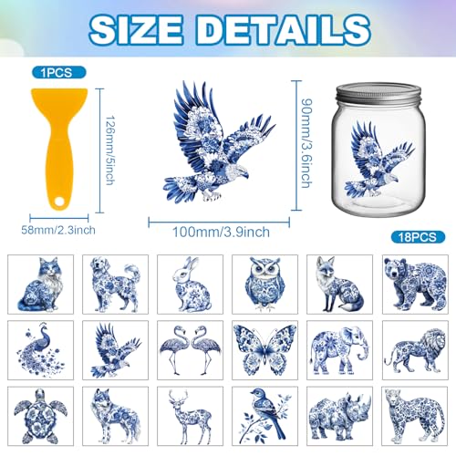GLOBLELAND 18 Sheets Blue and White Porcelain Animals Rub on Transfers Wild Animals Waterproof UV DTF Cup Wraps Decals 3.9x3.6inch Birds Transfer Stickers for Water Cup Glass Bottle Vase Crafts - style: Porcelain Animal