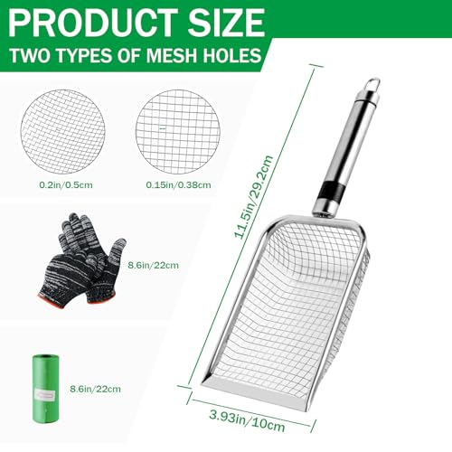Chicken Poop Scooper for Coop, Coop Rake Scooper Shovel, 2 Pack | 3.8mm & 5mm Mesh, Equipped with Gloves and Garbage Bags, for Sifting Sand, Litte, Stainless Steel